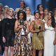 (L-R) Host Danica Patrick, Sarah Klein, Tiffany Thomas Lopez, Aly Raisman and recipients of the Arthur Ashe Award for Courage speak onstage at The 2018 ESPYS at Microsoft Theater on July 18, 2018 in Los Angeles, California.